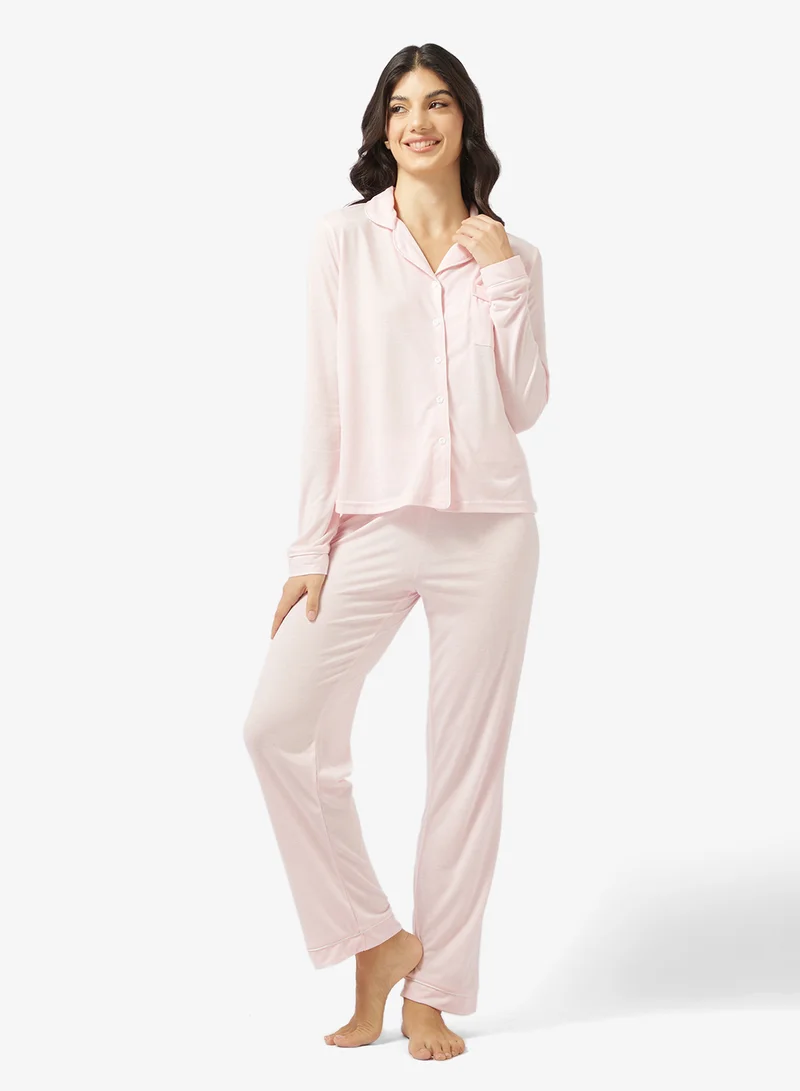 Ginger Soft Touch Button Up Shirt & Pyjama Coord Set